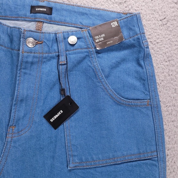 EXPRESS Jeans Size 12 70's Flare Mid Rise Blue Stretch Denim 32x33 NEW - Picture 4 of 13